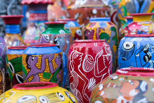 Bright colorful terracotta pots, works of handicraft, on display during Handicraft Fair in Kolkata - the biggest handicrafts fair in Asia. © mitrarudra