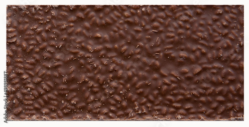 milk chocolate bar with rice crisps isolated on white background. top view