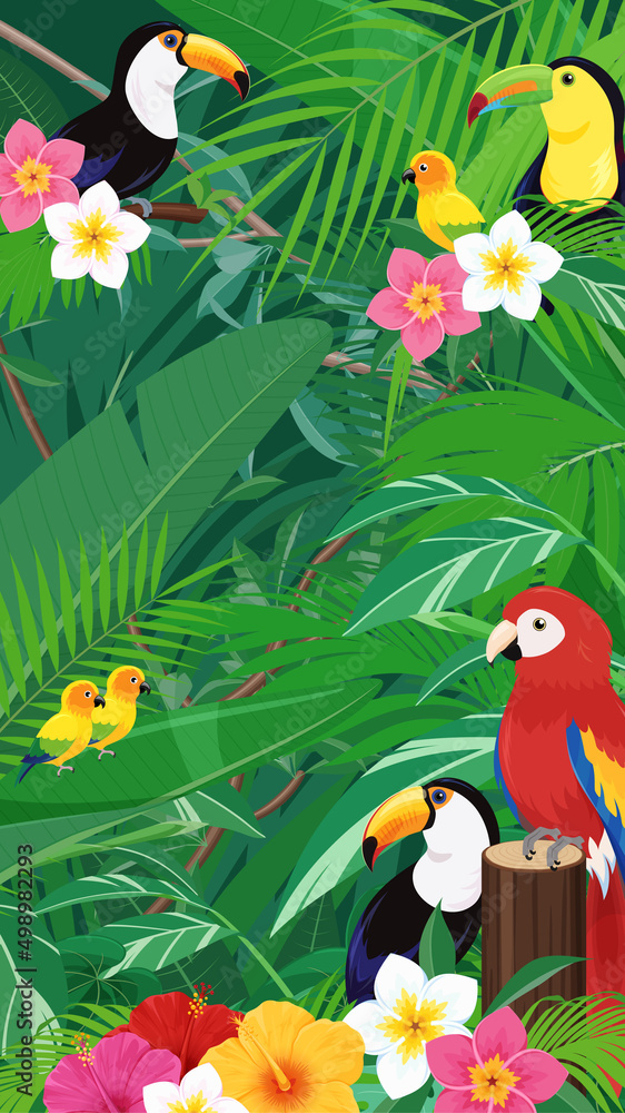 トロピカルな鳥と植物の風景_ジャングルの背景イラスト_16:9_縦