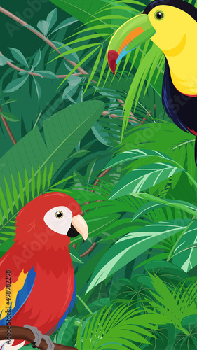 トロピカルな鳥と植物の風景_ジャングルの背景イラスト_16:9_縦