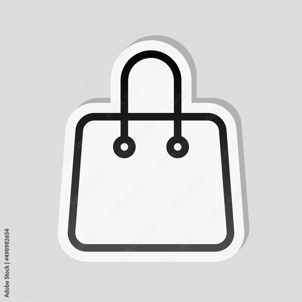 Shopping paper bag, simple business icon. Linear sticker, white border and simple shadow on gray background Shopping paper bag, simple business icon. Linear sticker, white border and simple shadow on gray background