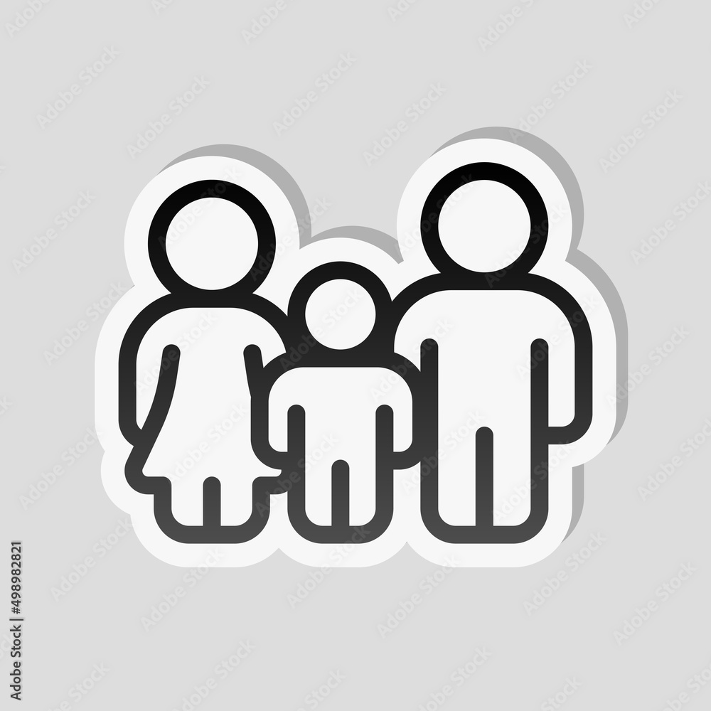 Full family, happy parents and child. Linear sticker, white border and simple shadow on gray background Full family, happy parents and child. Linear sticker, white border and simple shadow on gray background