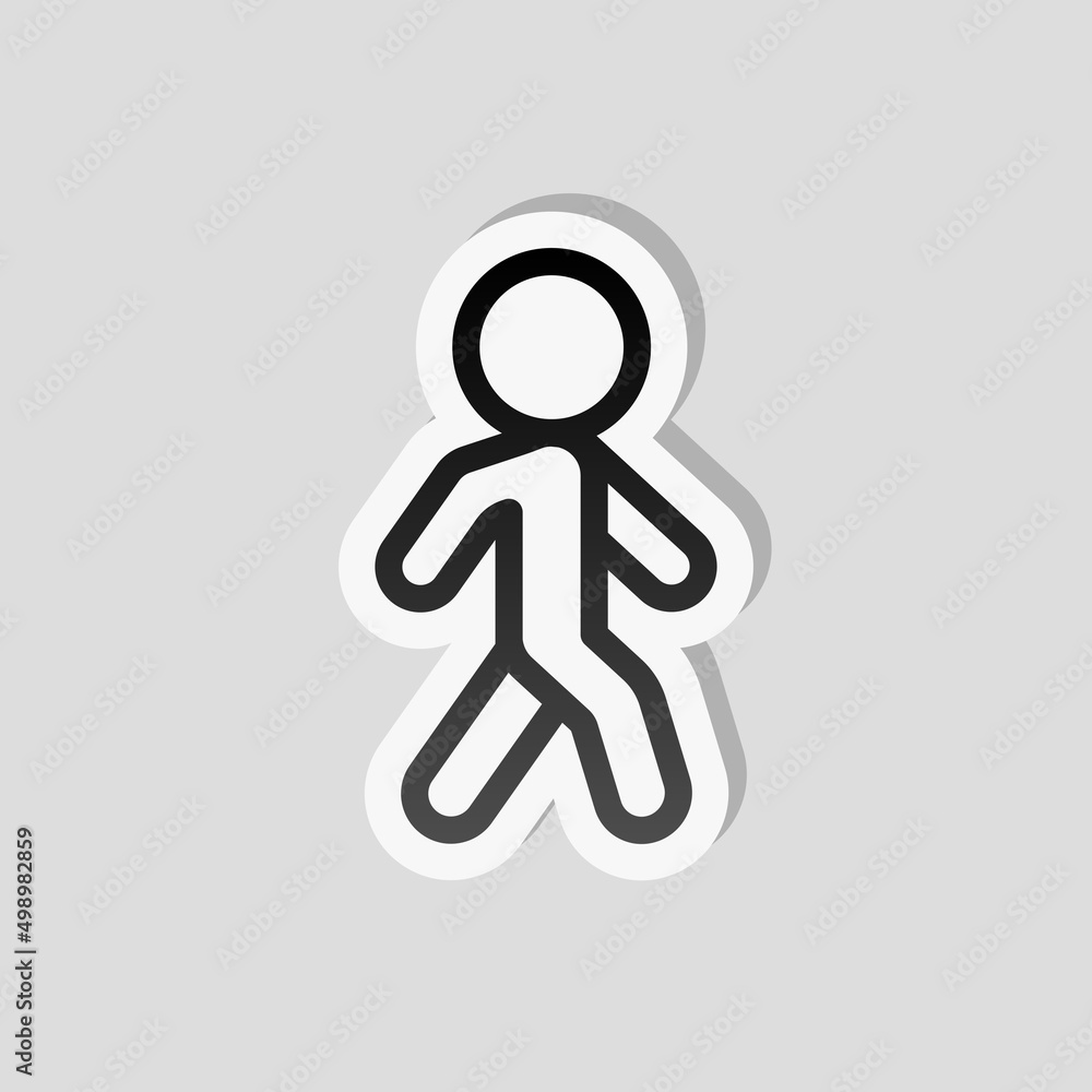 Walking pedestrian, simple silhouette of man. Linear sticker, white border and simple shadow on gray background Walking pedestrian, simple silhouette of man. Linear sticker, white border and simple shadow on gray background