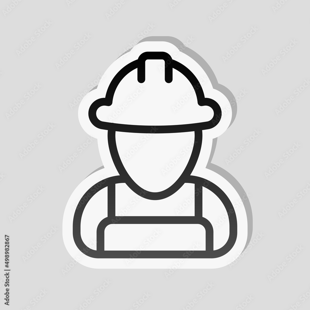 Construction worker, contractor or engineer. Linear sticker, white border and simple shadow on gray background Construction worker, contractor or engineer. Linear sticker, white border and simple shadow on gray background