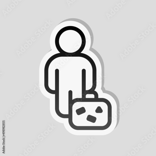 Walking passenger with suitcase, traveler and luggage. Linear sticker, white border and simple shadow on gray background