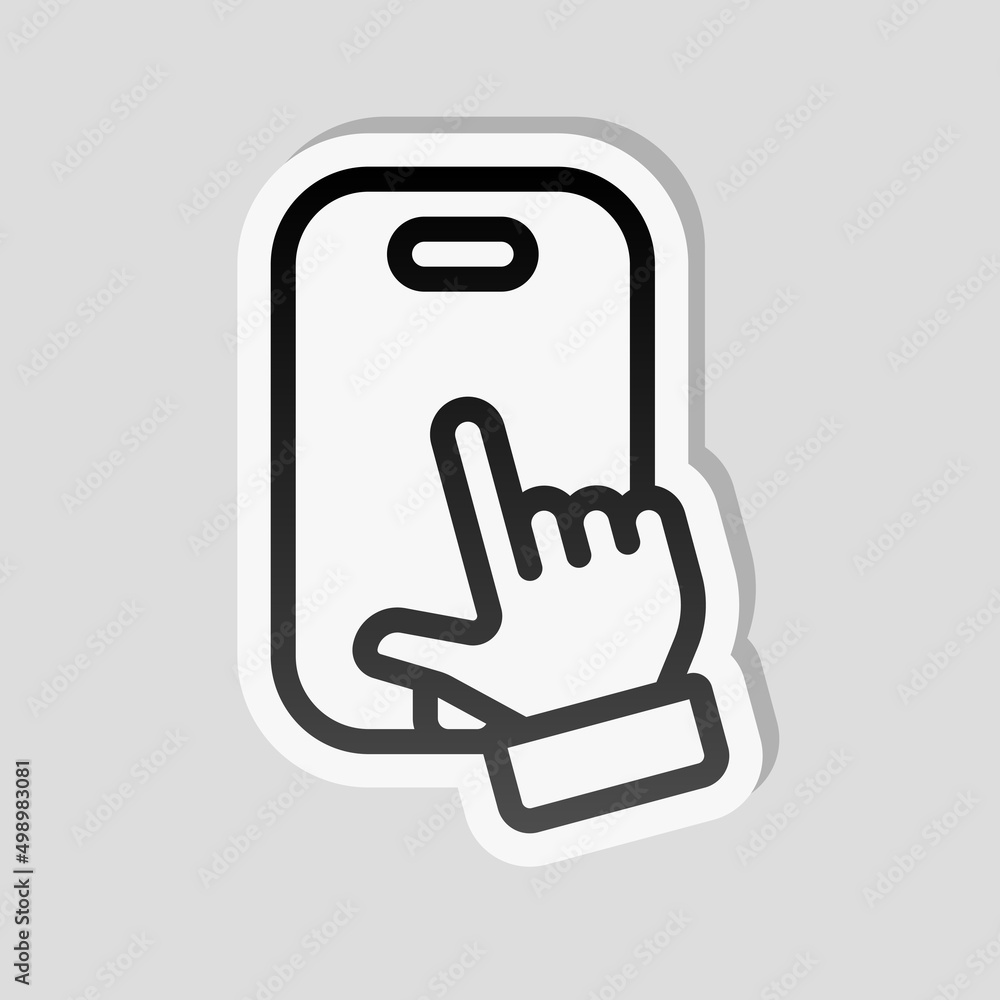 Mobile phone and hand, cellphone, simple icon. Linear sticker, white border and simple shadow on gray background Mobile phone and hand, cellphone, simple icon. Linear sticker, white border and simple shadow on gray background