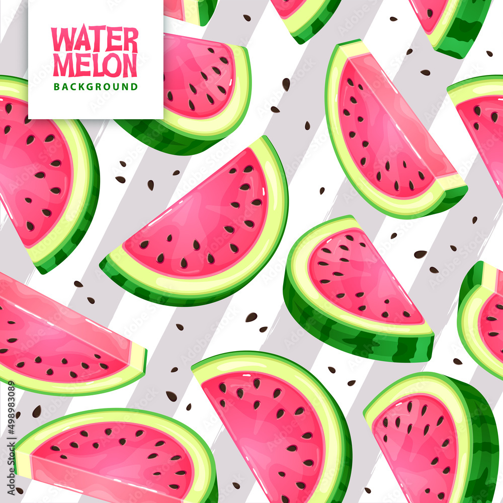 Seamless pattern with watermelon slices on striped background. Vector illustration. Watermelon summer background Seamless pattern with watermelon slices on striped background. Vector illustration. Watermelon summer background