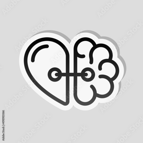 Heart and brain, balance between emotion and logic. Linear sticker, white border and simple shadow on gray background
