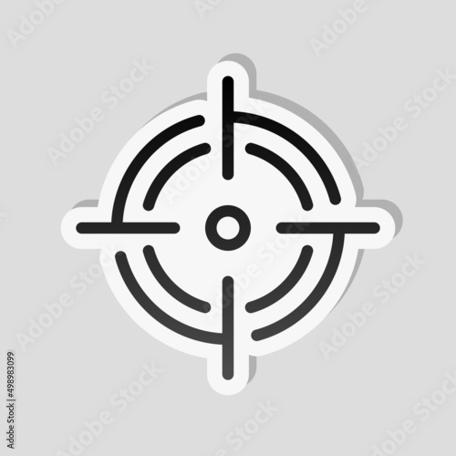 Weapon sight, target or crosshair, simple icon. Linear sticker, white border and simple shadow on gray background