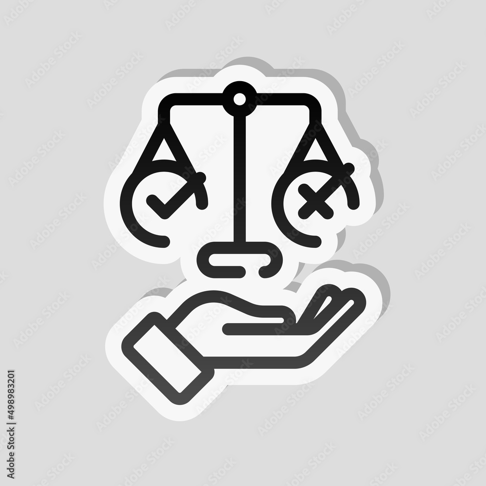 Ethic and moral of social life, scale icon. Linear sticker, white border and simple shadow on gray background Ethic and moral of social life, scale icon. Linear sticker, white border and simple shadow on gray background