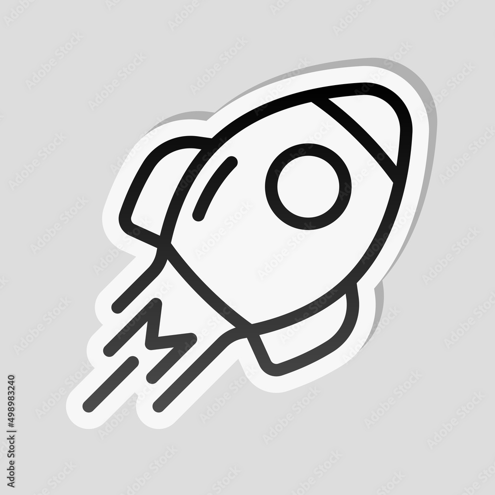 Simple rocket icon, space ship. Linear sticker, white border and simple shadow on gray background Simple rocket icon, space ship. Linear sticker, white border and simple shadow on gray background