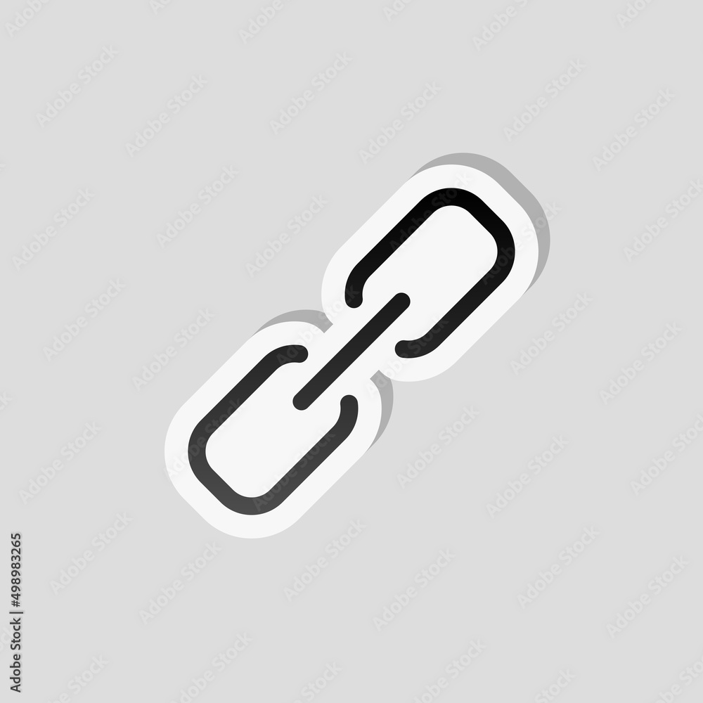 Simple link icon, metal chain, hyperlink symbol. Linear sticker, white border and simple shadow on gray background