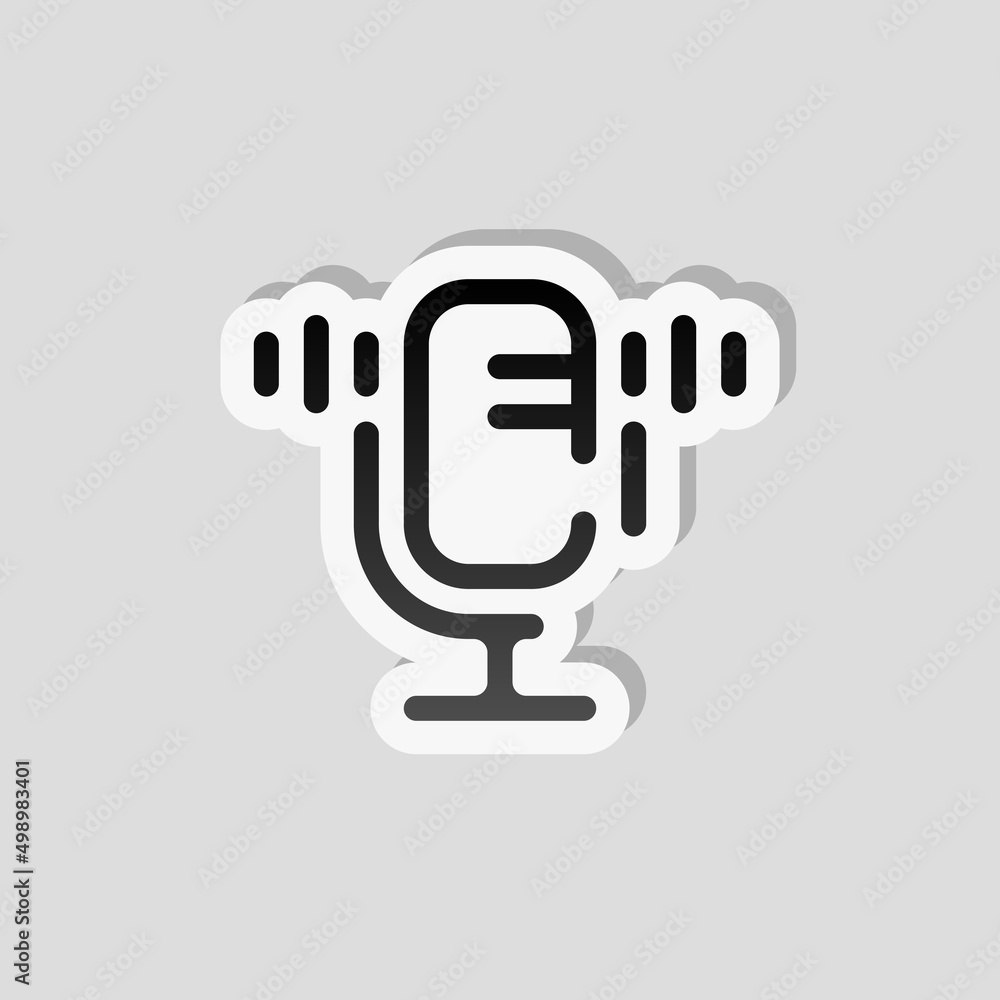 Simple microphone icon, podcast or radio. Linear sticker, white border and simple shadow on gray background Simple microphone icon, podcast or radio. Linear sticker, white border and simple shadow on gray background