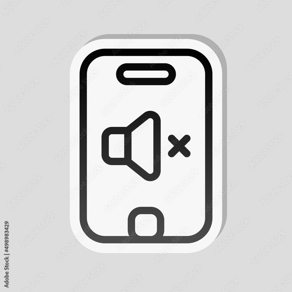 Mute sound, audio off, simple icon. Linear sticker, white border and simple shadow on gray background Mute sound, audio off, simple icon. Linear sticker, white border and simple shadow on gray background
