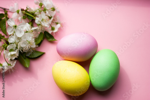 Happy Easter concept. Preparation for holiday. Easter on trendy pastel pink background.