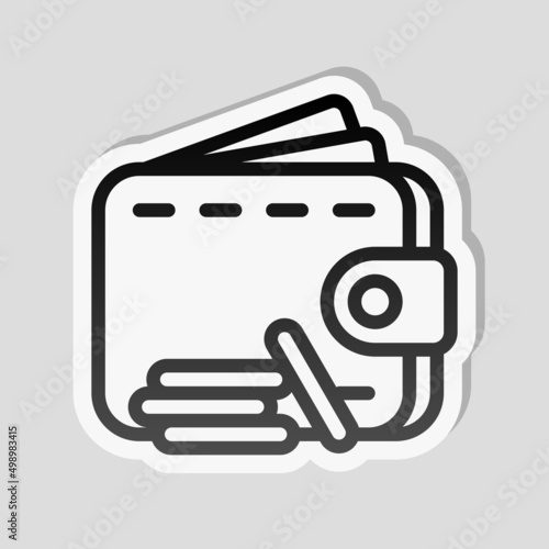 Simple wallet icon, place for money and cards. Linear sticker, white border and simple shadow on gray background