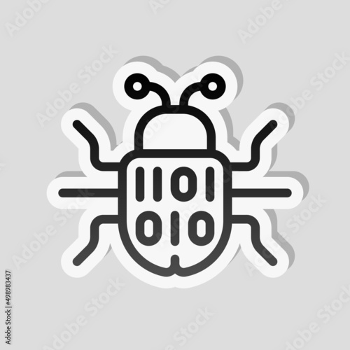 Simple bug icon, computer virus or malware. Linear sticker, white border and simple shadow on gray background