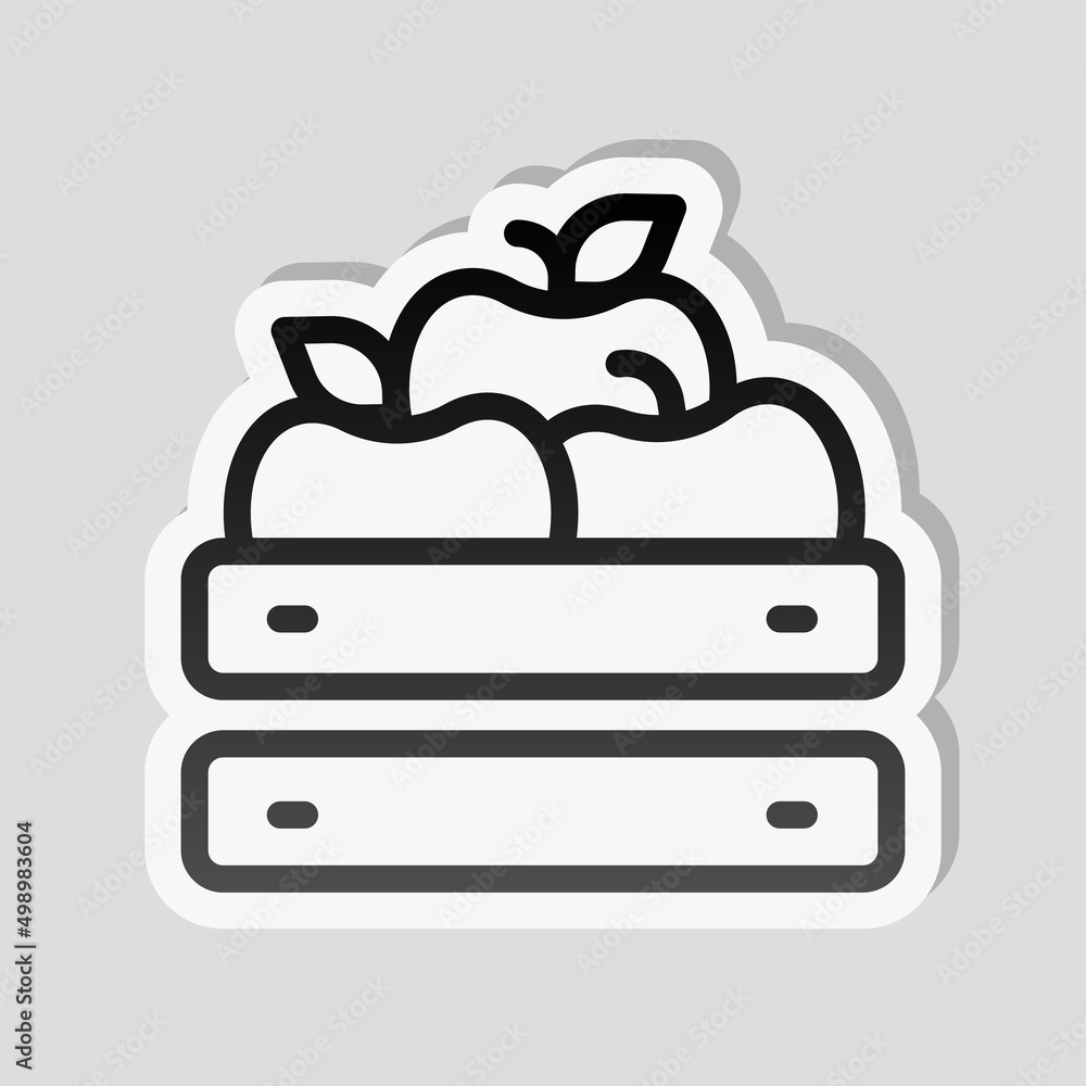 Box with fruits, simple icon. Linear sticker, white border and simple shadow on gray background Box with fruits, simple icon. Linear sticker, white border and simple shadow on gray background