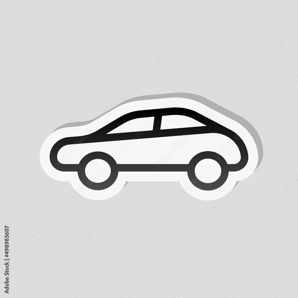 Car silhouette, simple icon. Linear sticker, white border and simple shadow on gray background