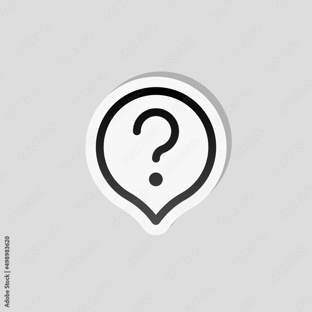 Question mark in bubble, simple icon of faq or chat. Linear sticker, white border and simple shadow on gray background Question mark in bubble, simple icon of faq or chat. Linear sticker, white border and simple shadow on gray background