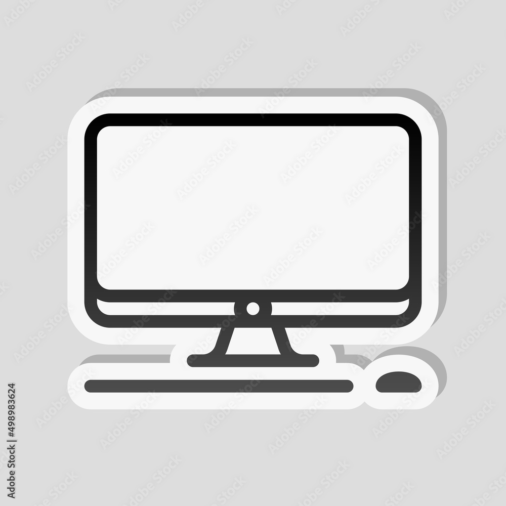 Desktop computer, simple icon. Linear sticker, white border and simple shadow on gray background Desktop computer, simple icon. Linear sticker, white border and simple shadow on gray background
