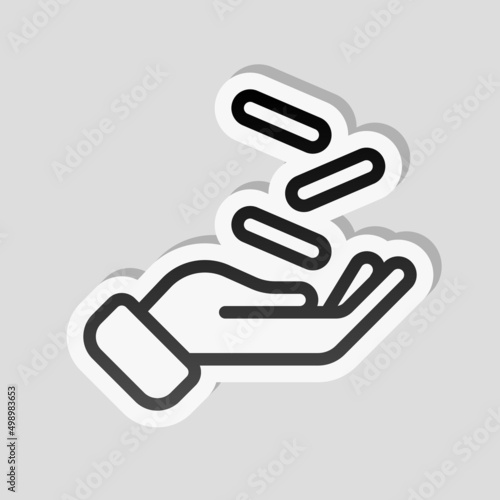 Hand and money, giving a cash, simple icon. Linear sticker, white border and simple shadow on gray background