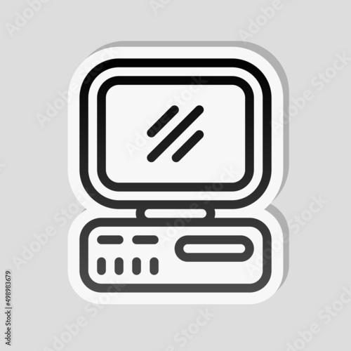 Old computer, vintage technology, retro pc, simple icon. Linear sticker, white border and simple shadow on gray background