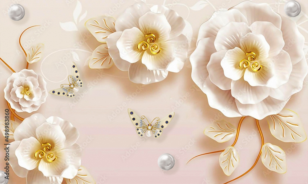 3D wallpaper white flower gold with butterfly simple background Stock  Illustration | Adobe Stock