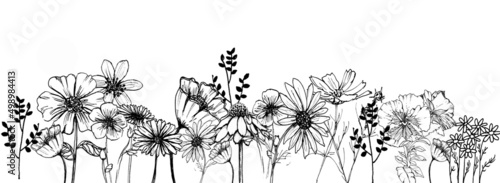 Banner con fiori  misti neri, illustrazione isolata su sfondo bianco photo