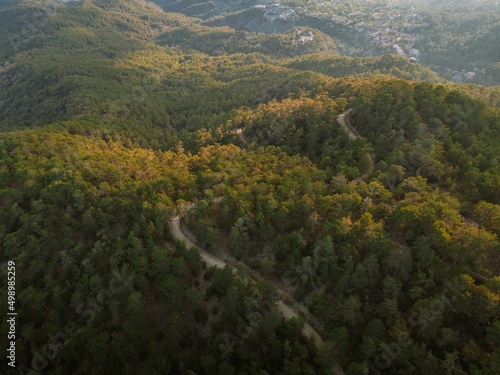 Aerial photo of a forest landscape during sunset.