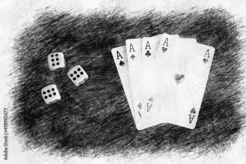 cards 4 aces and dices in pencil drawing style