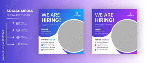 We are hiring job vacancy Social Media Post Or Instagram Promotional Social Media Square Banner And Square Flyer Template Design