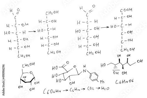 Chemical formulas. Scientific, educational background. Hand-drawn. Vector.