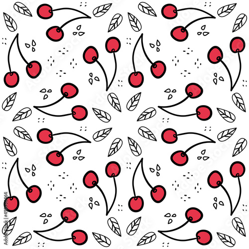Sweet cherry repeating pattern. Seamless texture with wild berries. Summer motives with fresh healthy food ingredients