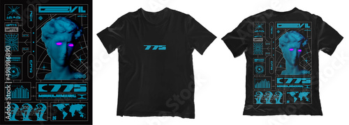 Modern poster with statue of david with glowing eyes . In Techno style, print for streetwear, for t-shirts, hoodies, and sweatshirts. Isolated on black background