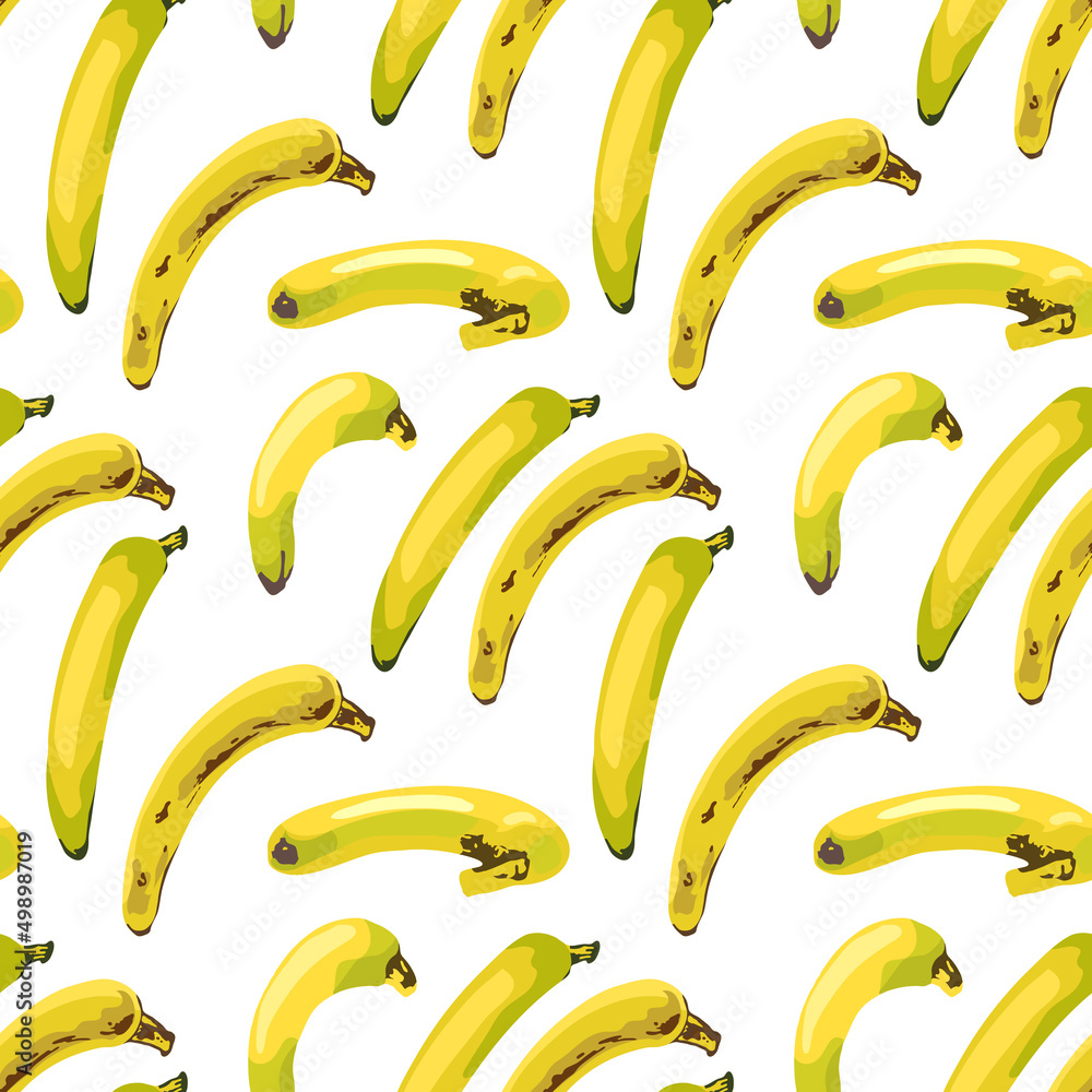690_banana bananas, a bunch of ripe fruits on a white background from different angles, cartoon bananas, tropical fruits, seamless pattern, vector illustration