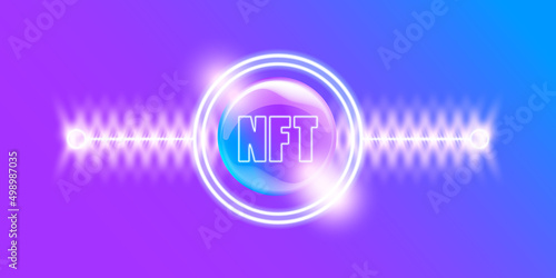 NFT modern violet horizontal banner design template with shiny lights. NFT modern style violet banner, label, sticker, icon, poster and flyer. Non fungible token banner design template photo