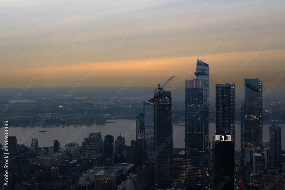 city skyline at sunset of American New York City 