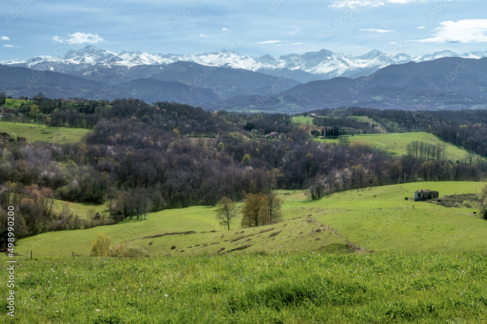 paysage du sud-ouest de la France en Ariège avec les montagnes des Pyrénées en arrière-plan