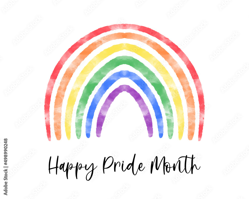 Obraz premium Cute watercolor textured rainbow. LGBT pride flag color symbol. Happy Pride Month text sweet greeting card, banner, social media template.