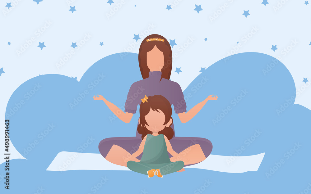 Mom and daughter sit in the lotus position. Cartoon style. Sports lifestyle. Vector illustration.