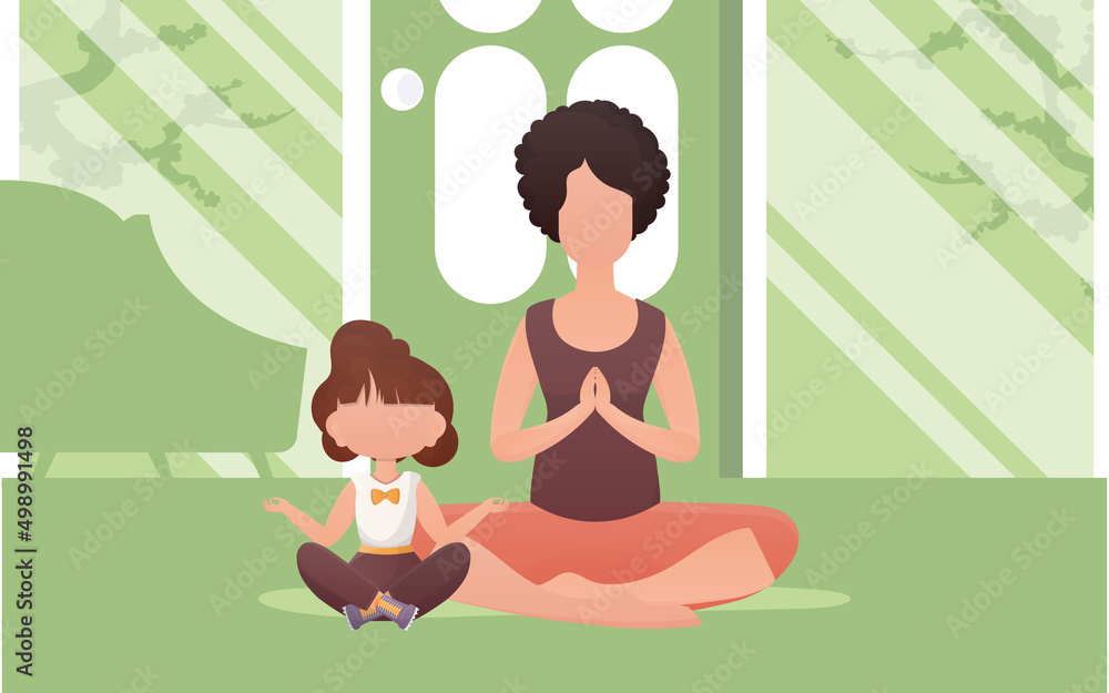 Mom and daughter sit in the lotus position. Cartoon style. Meditation and concentration concept. Vector.