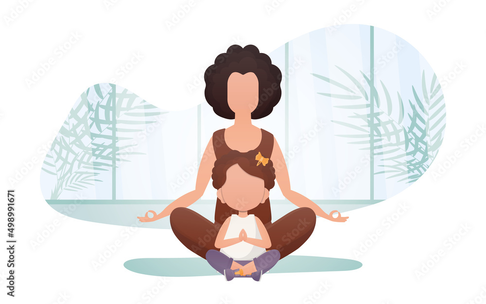 Mom and daughter meditate in the lotus position. Cartoon style. Sports lifestyle. Vector illustration.