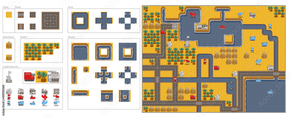 Game map tiles set for building desert plains mountains forests rivers and oceans with military assets and locations Game map tiles set for building desert plains mountains forests rivers and oceans with military assets and locations