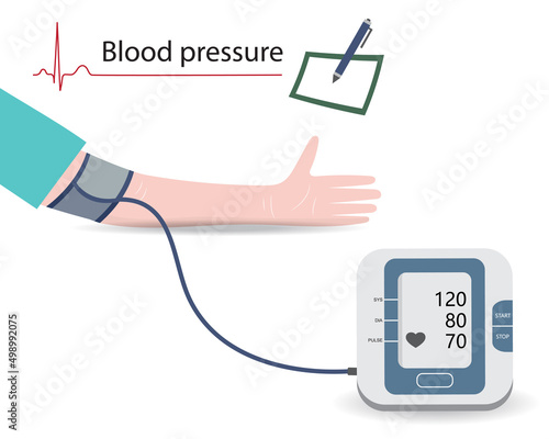 Medical cartoon character.Monitoring your blood pressure at home.Hypertension.Hypertensive.High blood pressure.Vector Illustration.