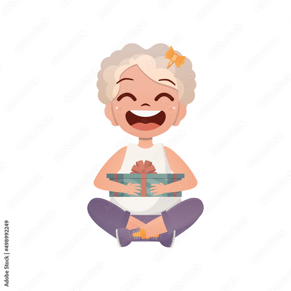 The Little Girl sits in a lotus position and holds a gift box in her hands. Isolated. Vector. The Little Girl sits in a lotus position and holds a gift box in her hands. Isolated. Vector.