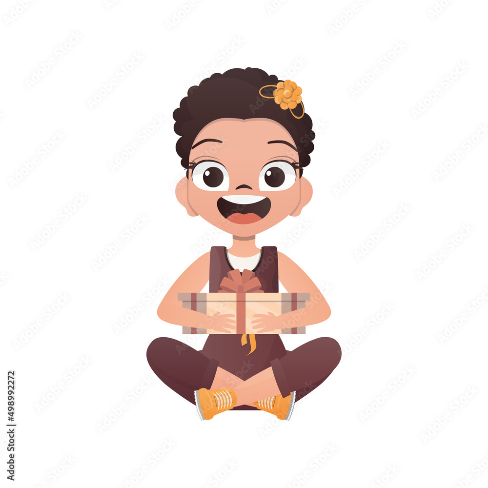 The Little Girl sits in a lotus position and holds a gift box in her hands. Isolated. Vector illustration. The Little Girl sits in a lotus position and holds a gift box in her hands. Isolated. Vector illustration.