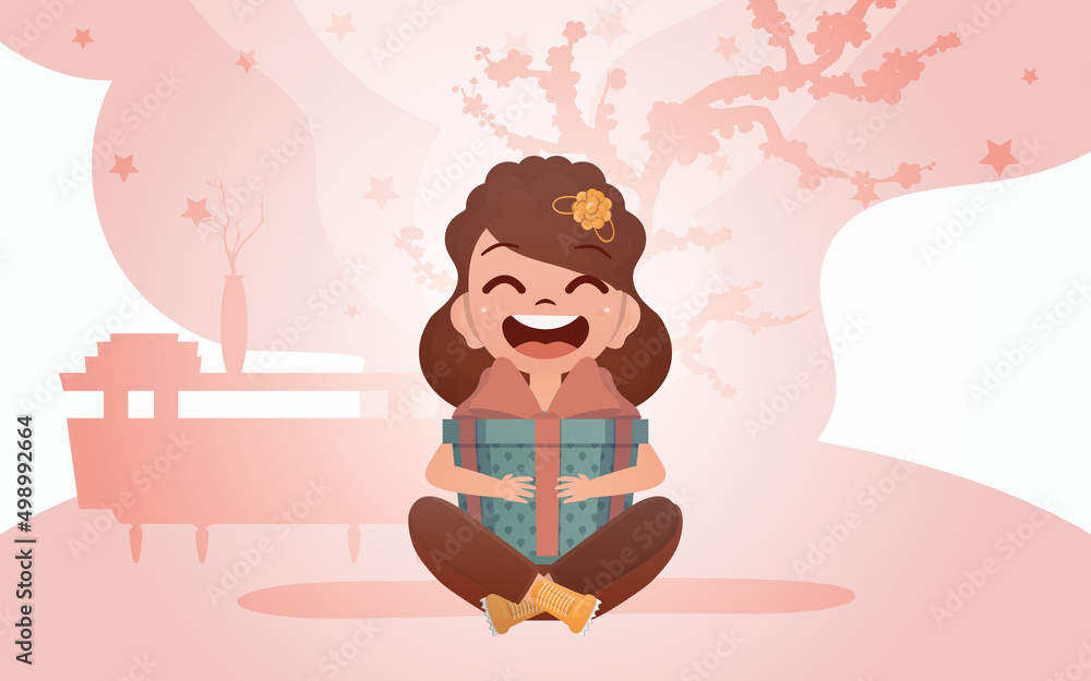 A happy girl sits in a lotus position with a gift in her hands. Vector. A happy girl sits in a lotus position with a gift in her hands. Vector.
