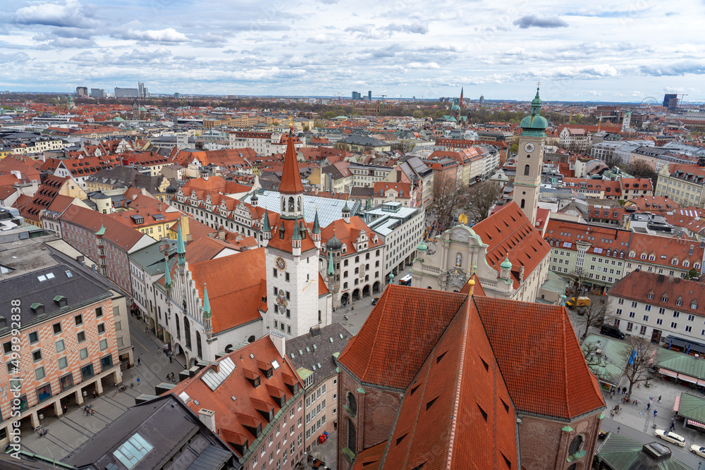 areal view of Munich Germany with altes rathaus andheiliggeistkirche and red rooftops