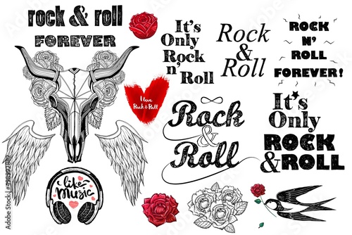 Rock and roll sketch doodles set. Lettering, drawings sketches with a black pen. Bull skull, roses, swallows.